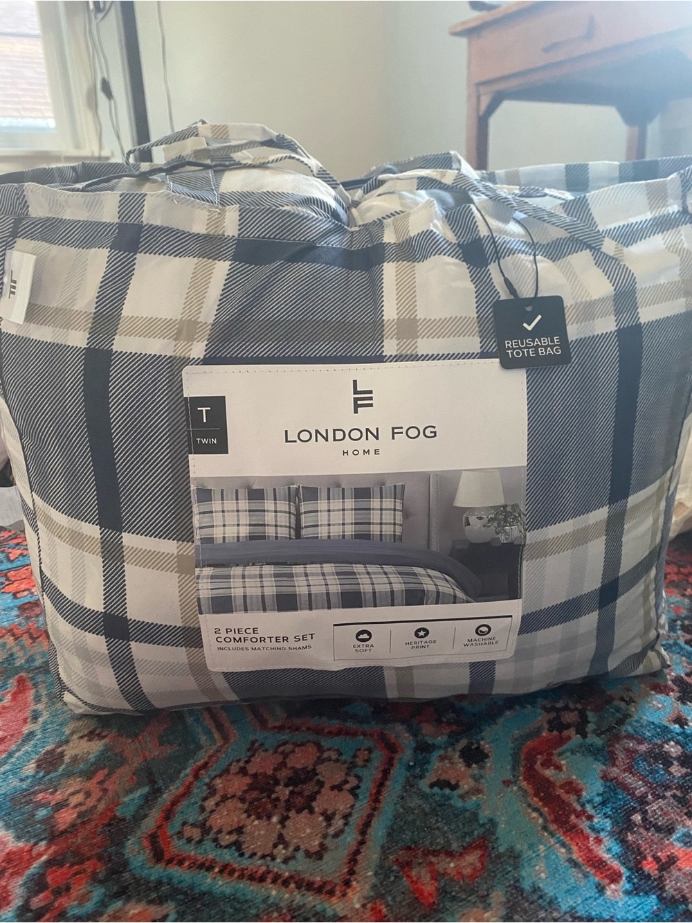 London Fog Plaid Twin Comforter Set in Blue and Cream
